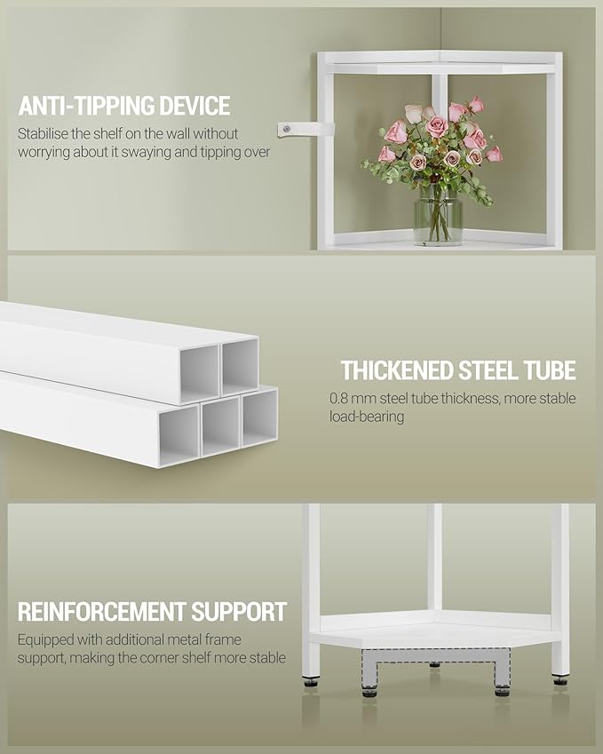 Hzuaneri Corner Shelf Stand, Corner Bookshelf, Storage Standing Shelf Unit with Metal Frame, Plant Stand, Bookcase for Living Room, Home Office, Bedroom, 6-Tier White CS06013W