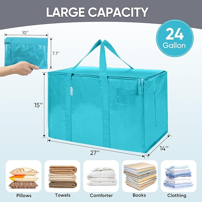TICONN 8 Pack Extra Large Moving Bags Heavy Duty with Zippers & Carrying Handles, Durable Storage Bags Moving Boxes for Closet Organizers and Storage (8 Pack, Aqua)