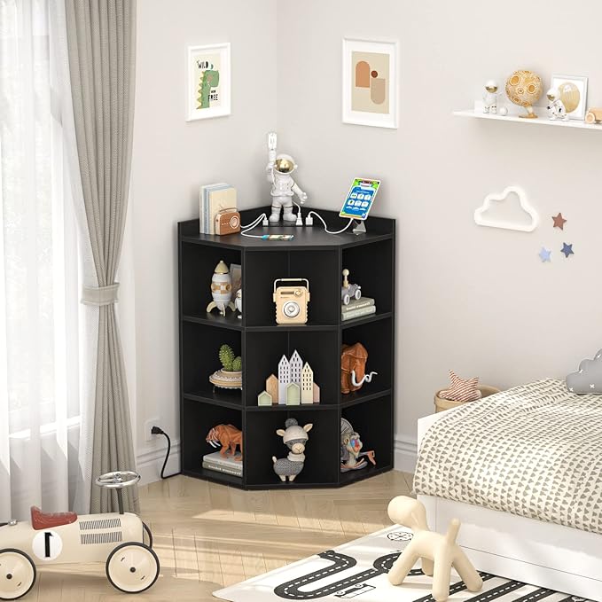 Aheaplus Corner Cabinet, Black Corner Storage with USB Ports and Outlets, Corner Cube Toy Storage for Small Space, Wooden Cubby Corners Bookshelf with 9 Cubes for Playroom, Bedroom, Living Room, Black