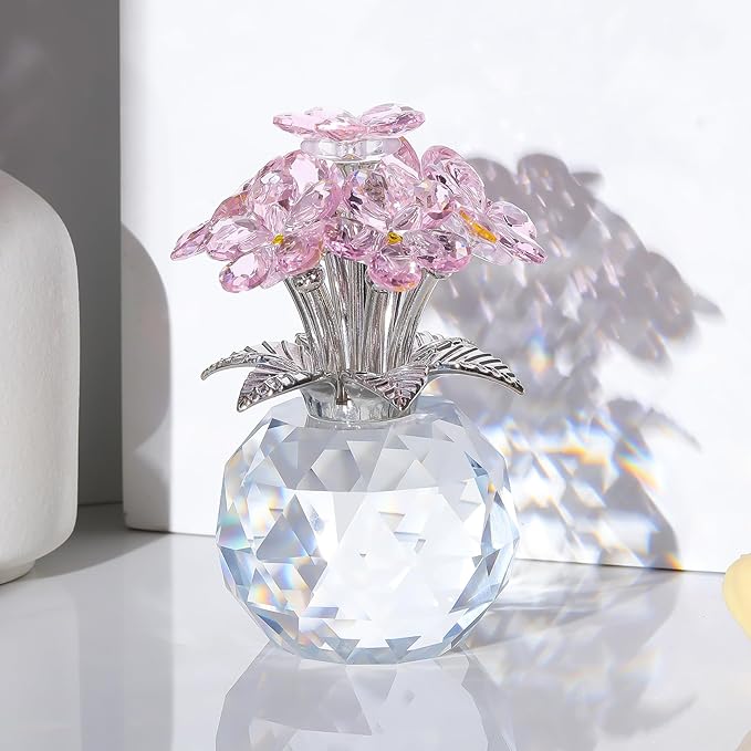 Arikyrist Crystal Forget-Me-Not Bouquet Figurines Gifts for Her Pink Flowers Collectible Decoration for Living Room Romantic Presents for Women Wife Mom Birthday Anniversary