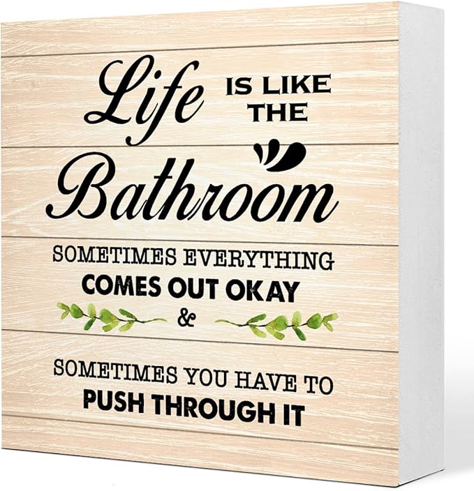 Burlywood Life is Like The Bathroom Wooden Box Sign Desk Decor,Funny Bathroom Wood Block Sign for Farmhouse Toilet Shelf Decor