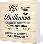 Burlywood Life is Like The Bathroom Wooden Box Sign Desk Decor,Funny Bathroom Wood Block Sign for Farmhouse Toilet Shelf Decor