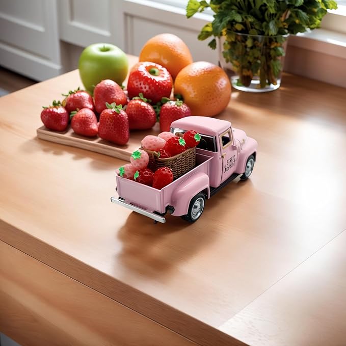4.9″ Mini Vintage Strawberry Pink Metal Farm Truck Decor with Fake Strawberries, Home Kitchen Centerpieces for Tables Farmhouse Pickup Tiered Tray Stand Decorations, Spring & Christmas Desk Display