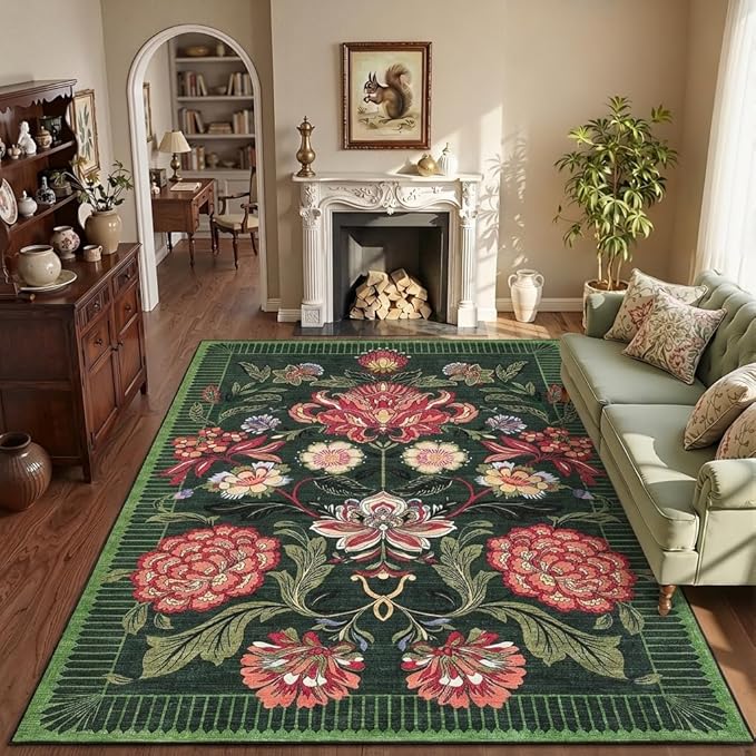 GarveeHome Forest Green Floral Christmas Washable Rugs 5x7 Area Rug for Living Room, Vintage Boho Cottage Throw Rugs Low Pile Carpet for Bedroom Dining Nursery Rug