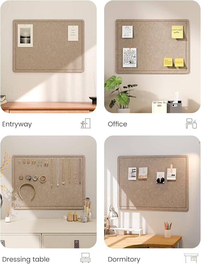 Fluxynara Bulletin Board, 23.6" x 17.5" Cork Board Alternative with 12 Safe Removable Adhesive Tabs, Foldable Felt Pin Board for Home Office, Classroom, Bedroom,Entryway for Walls—Taupe