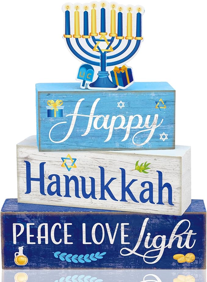 Moucuny 4 Pcs Hanukkah Decorations for Home Chanukah Table Decor Wooden Menorah Decoration Hanukkah Centerpiece Rustic Decorative Menorah Block Signs Gift Farmhouse Jewish New Year Decoration for Home