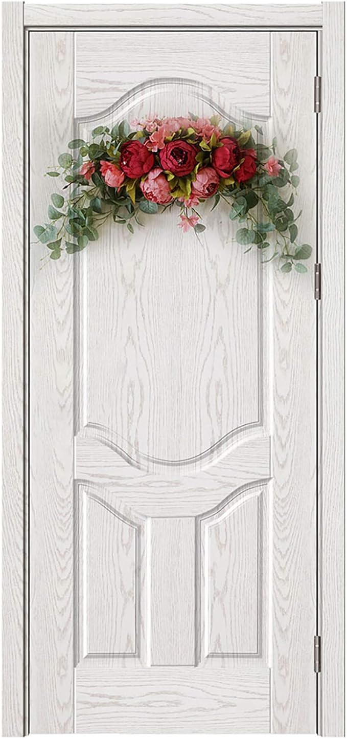 30 Inch Artificial Peony Flower Swag, Decorative Floral Swag with Fake Peonies Hydrangeas Eucalyptus Leaves Handmade Garland Wreath for Wedding Party Home Decor(Red)