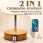 UNIFUN Bedside Lamps 2 Pack - 4 Way Dimmable Touch Nightstand Lamp with USB & Type-C Charging Port, Small Wood Base with Round Linen Fabric Shade for Bedroom, Living Room