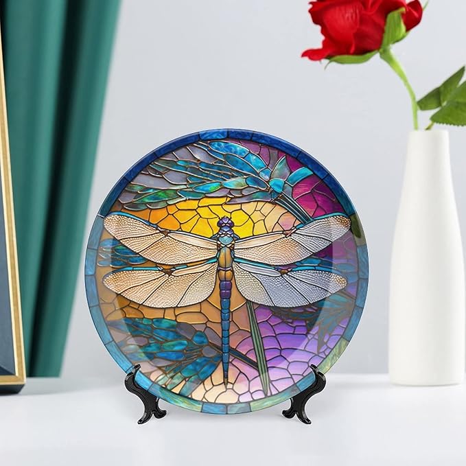 Decorative Plates, Stained Glass Window Design w/Dragonfly Display Plate for Home Office Kitchen Table Decor Porcelain Plates 8 Inch, Birthday Gifts