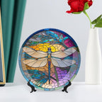 Decorative Plates, Stained Glass Window Design w/Dragonfly Display Plate for Home Office Kitchen Table Decor Porcelain Plates 8 Inch, Birthday Gifts