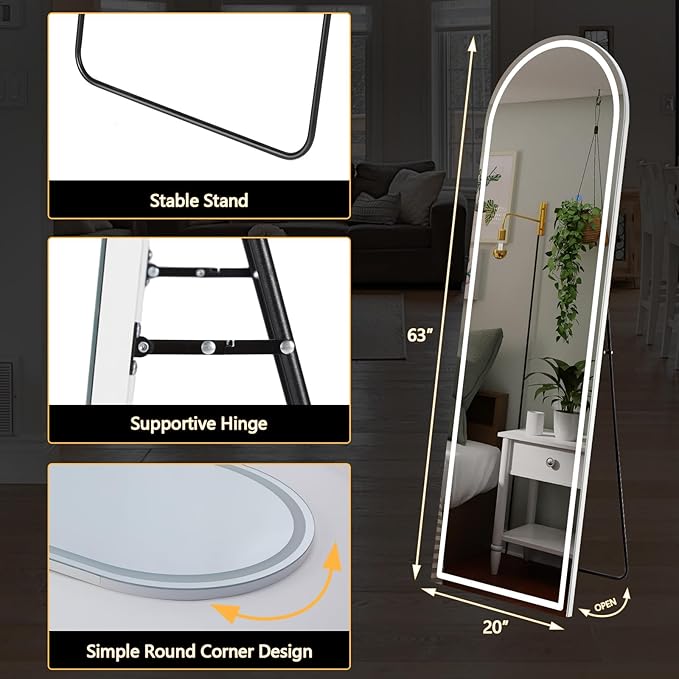 DUMOS Arched Full Length Mirror with Light, 20"x63" LED Floor Standing Mirror with 3 Color Lights & Wall Mounted for Bedroom, Dressing Room, Living Room, Bathroom