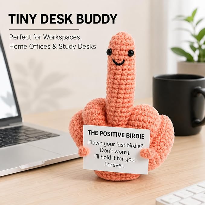 Middle Finger Crochet Doll, Funny Flip the Bird Emotional Support Gift for Adults, Sarcastic Gag Gift for Coworkers Friends, Office Desk Decor