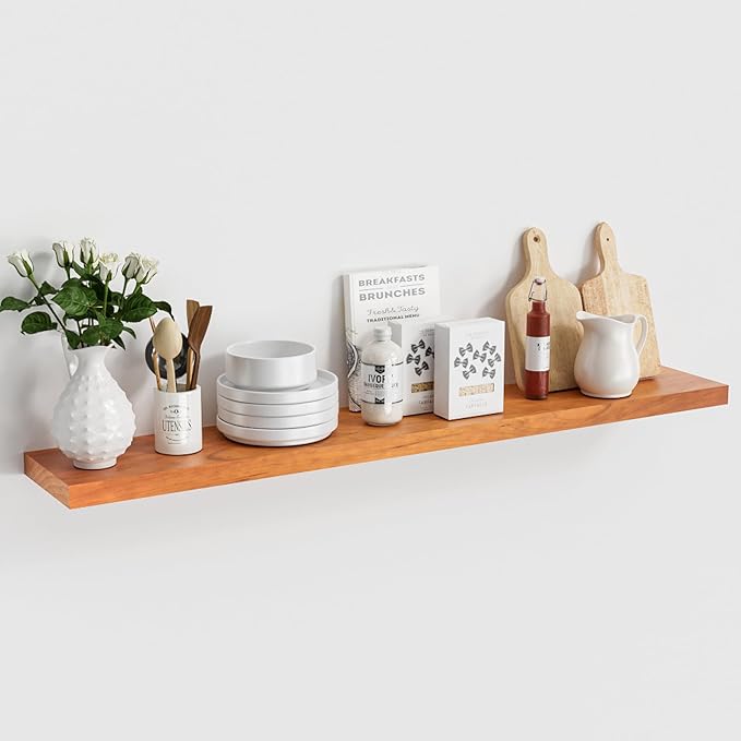 Vivelove Solid Wood Floating Shelves 48 Inches Long, 8”Deep x 1.4” Thick Wall Shelves for Bathroom, Living Room, Kitchen, Bedroom, Office, Rustic Farmhouse Home Decor, Set of 1 - Honey Oak