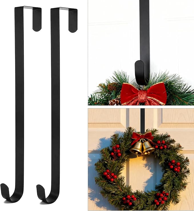 Roycraft Wreath Hangers 2 Pack for Front Door Christmas Ornament Black Wreath Hook Steel Over The Door Hanger Hook