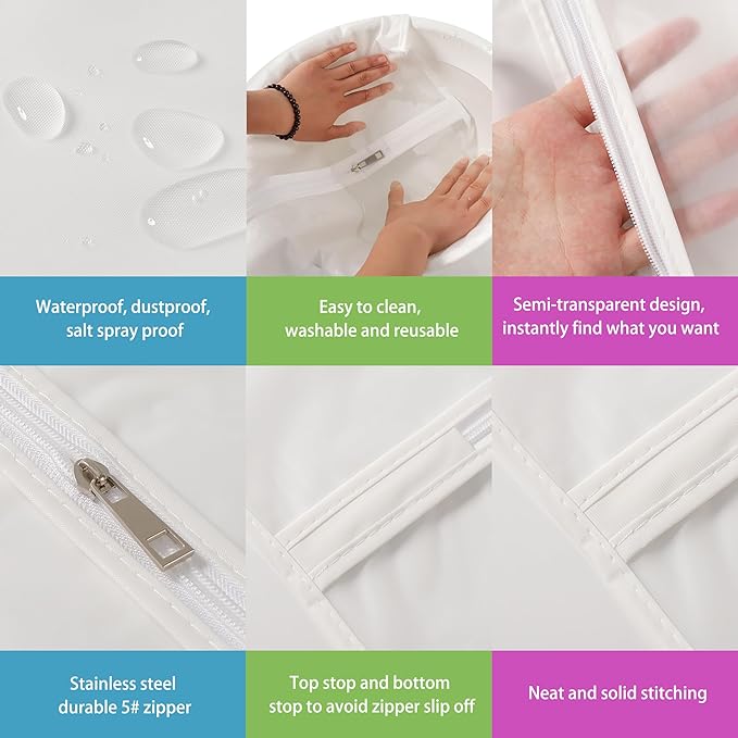 Dust Proof Clear Garment Bags 7 Piece Set - 40 Inch Translucent Suit Bags with Full-Length Zipper for Closet Clothes Storage and Travel. Bonus: 5 Natural Cedar Ball.