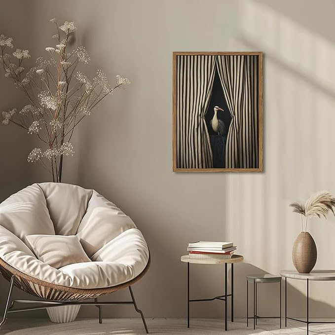 Framed Moody Crane Wall Art, Eclectic Vintage Bird Pictures Wall Decor Paintings, Surreal Humorous Animal with Black and White Striped Canvas Prints for Living Room Bedroom Bathroom Dorm 16x24 inch