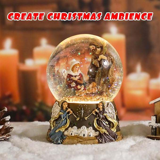 Vipush Christmas Snow Globe - Holy Family Musical Snow Globe with Color Changing Led Lights, Christmas Decorations with Music Box Gifts for Girls Kids, Decorations for Christmas & Birthday