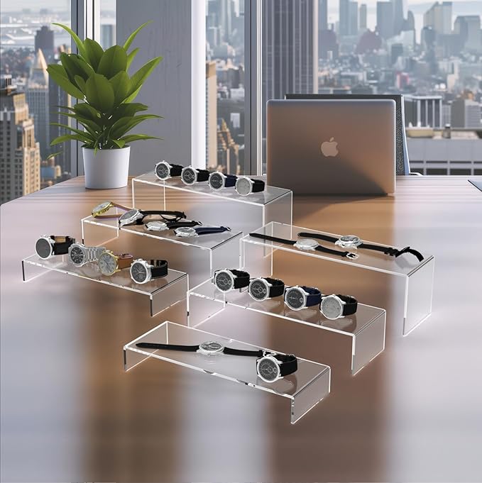 6 PCs Risers Display Stands 3 Tiers Desktop Acrylic Shelves Cake Dessert Holder Products Stand for Collectibles Shoes Jewels Pop Figure (Clear12inch)