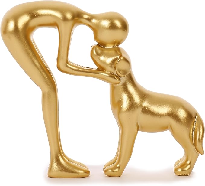 Cute Pet Sculpture Home Decor Man and Dog Statue Decoration for Office、Living Room、Bedroom、Home， Memory Gifts for Dog Lovers (Golden)