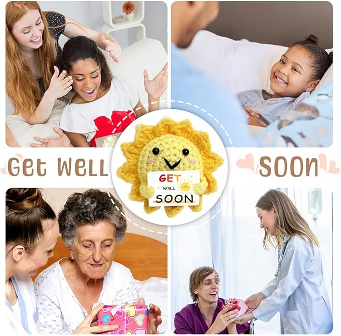 Get Well Soon Gifts - Handmade Crochet Sunshine with Positive Messages, Crochet Emotional Support Buddies for Surgery Recovery & Healing | Get Well Soon Gifts for Women, Men, Friend of All Ages