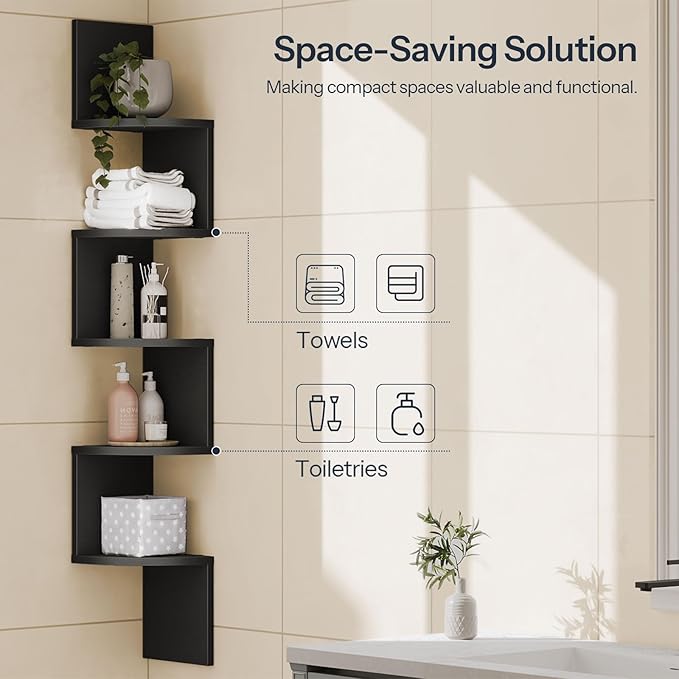 HOOBRO Corner Shelf Wall-Mounted, Set of 2 Floating Corner Shelves for Wall, 5-Tier Corner Bookshelves for Living Room, Bedroom, Bathroom, Home Office, Black BK26BJP201