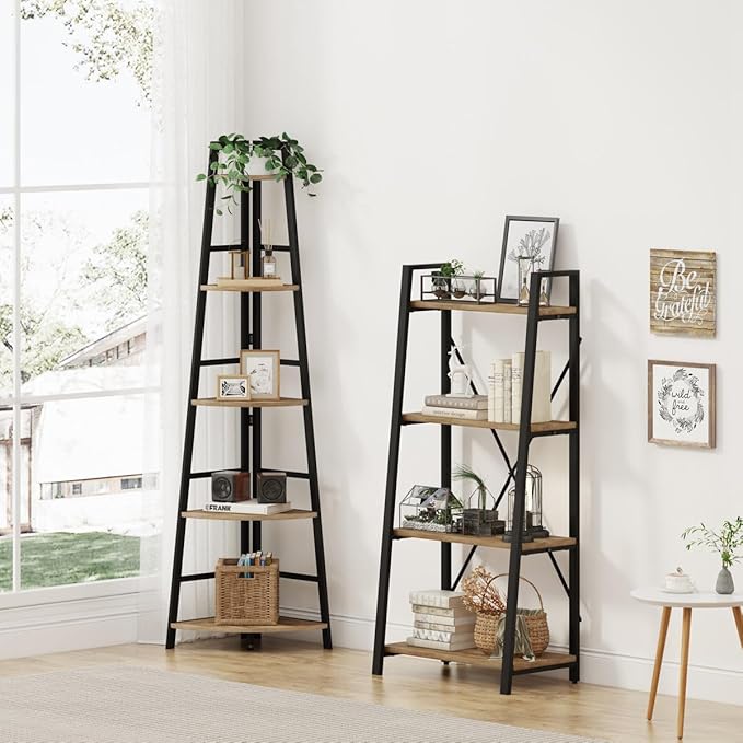 BON AUGURE Corner Ladder Shelf, 5 Tier Metal Wood Corner Bookshelf, Tall Shelving Unit Shelf Plant Stand for Living Room, Home Office, Bathroom (Vintage Oak)