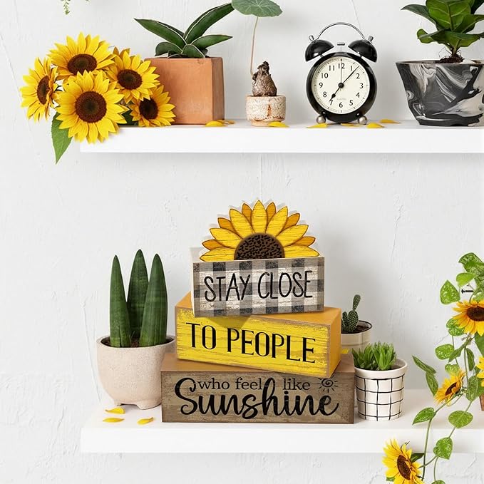 Lineshading 4 Pcs Farmhouse Sunflower Table Decorations Stackable Rustic Wooden Sunflower Block Signs Summer Tiered Tray Decor Centerpiece Rustic Country Sunshine Themed Decor for Home Mantel Shelf