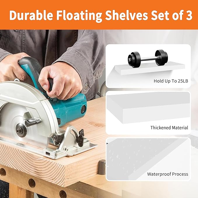 Upassion White Floating Shelves - Set of 3, 16" Wall Mounted Shelves for Home Decor, Living Room, Bedroom, Bathroom, Kitchen