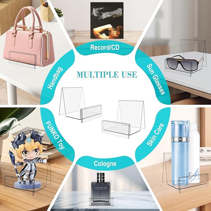 Boloyo Acrylic Display Stand with Sign Plate, 6PC Clear Display Easel Purse Display Riser Holder, Acrylic Purse Display Holder for Displaying Wallet, Purse, Handbag, Cosmetic, Jewelry, Glasses (Large, 6PC)