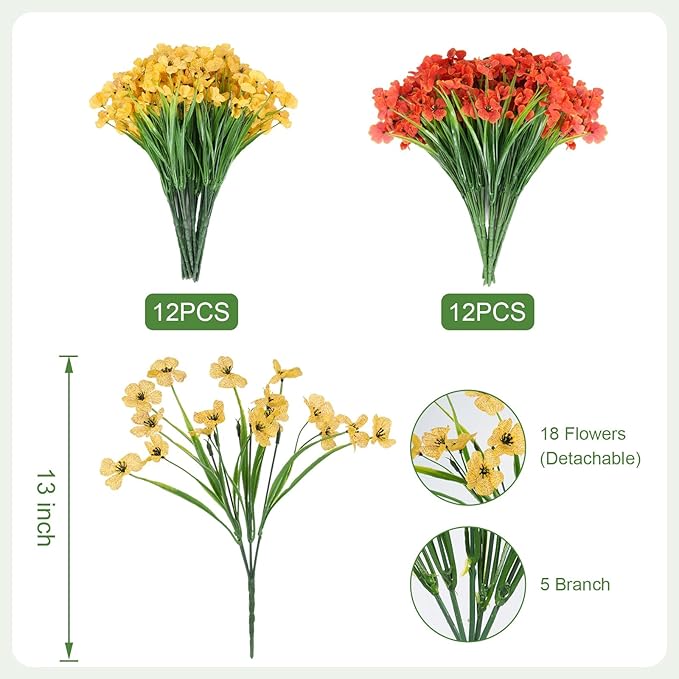 Artificial Fall Flowers for Outdoor Faux Plants for Spring Summer Decoration, UV Resistant Realistic Silk Plastic Fake Autumn Fall Flowers Garden Porch Patio Balcony Yard Front Home Decor, 24 Bundles