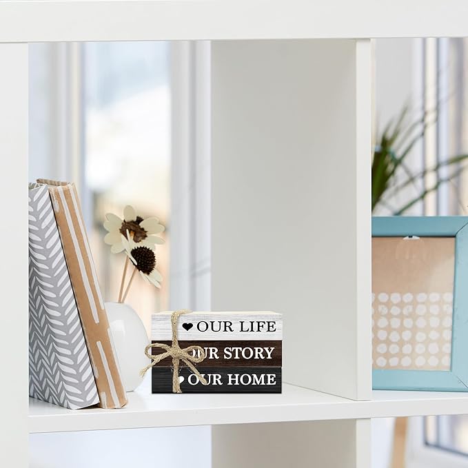 Decorative Books for Home Decor, Rustic Wood Book Stack for Table Decor, Our Life Our Story Our Home Decoration Books for Living Room Bookshelf, Farmhouse Stacked Books Decoration (L56)