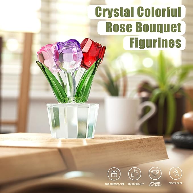 Crystal Colorful Rose Bouquet Figurines Glass Red Pink Purple Flowers Gift for Women Wedding Party Collectible Figurines