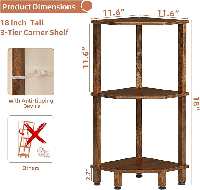 YUFAM 3-Tier Corner Shelf with Sturdy 5-Leg Base, Wooden Corner Bookshelf for Small Spaces, Small Corner Table for Living Room, Bedroom, Office, Brown
