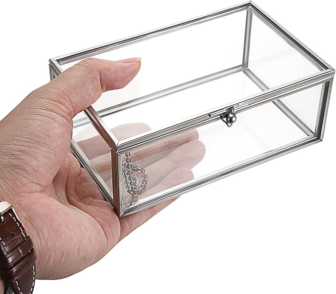 Hipiwe Vintage Glass Keepsake Box Rectangle Jewelry Display Organizer Lidded Box Home Decor Accent Decorative Box for Storage Trinket Rings Bracelet, Silver, Small