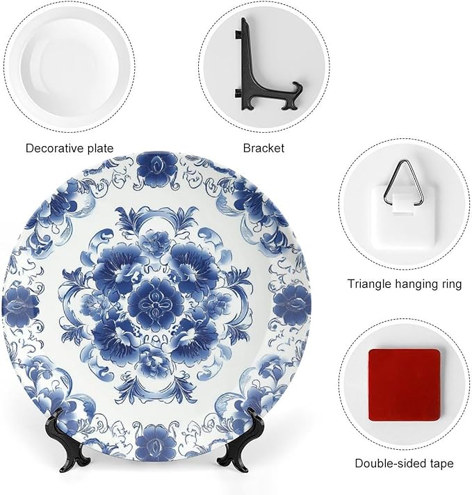 Blue and White Pottery Ceramic Decorative Plate, Chinese Style Decorative Dish with Stand, Floral Design Bone China Decorative Plates Art Porcelain Plate for Living Room Hallway Table Decor