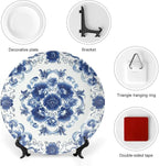 Blue and White Pottery Ceramic Decorative Plate, Chinese Style Decorative Dish with Stand, Floral Design Bone China Decorative Plates Art Porcelain Plate for Living Room Hallway Table Decor