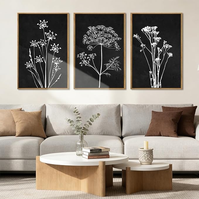 BINCUE Framed Botanical Wall Art Black Grey and White Plant Floral Art Prints Flowers Wall Decor Black Artwork White Floral Wall Pictures Botanical Paintings for Living Room Bedroom Office Farmhouse 3 Panel 16x24 Inches