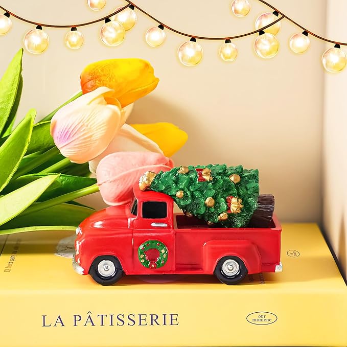Rileryan Christmas Village Vintage Red Truck Decor Figurines for Mini Christmas Village Town Accessories Pieces Cars Vehicles Sets Decorations Home Indoor Decor Gift