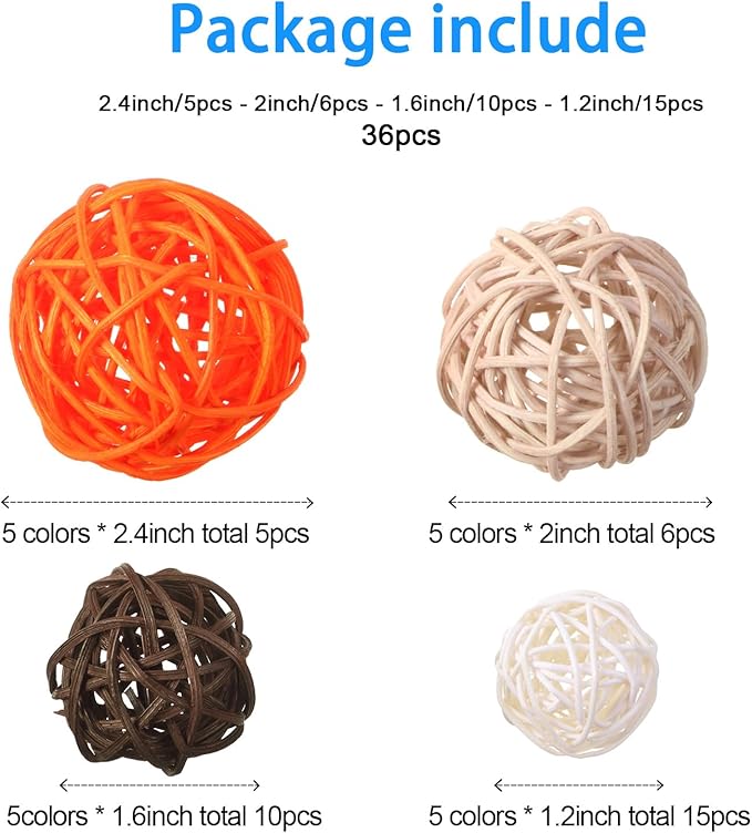 Patelai 36 Pcs Wicker Rattan Balls Decorative Balls for Vase Centerpiece Bowls Orbs Filler for Home Decor,4 Sizes(Bright Color,2.4'',2'',1.6'',1.2'')