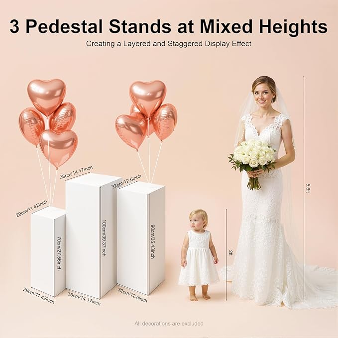 3PCs Metal Pedestal Stand, White Square Pedestal Display Plinth Pillars, Wedding Pedestals Stand Flower Display Rack Decorations, Table Pillars for Birthday Baby Shower Decor Displays ﻿