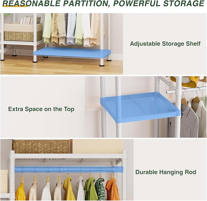 LEHOM G6M Heavy Duty Clothes Rack for Hanging Clothes, Portable Garment Rack Compact Size Closet Organizer, Freestanding Metal Clothing Rack Wardrobe Closet with Storage Shelves for Bedroom, White
