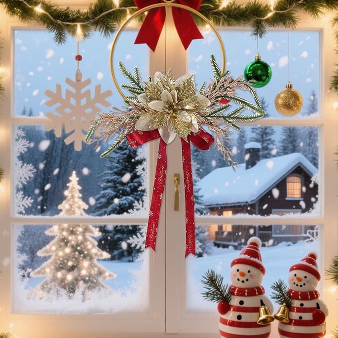 Christmas Metal Ring Wreath 7.28inch Metal Hoop with Floral Flowers Christmas Wreath with Red Bow Ribbon Floral for Front Door Winter Wall Decoration (Gold)