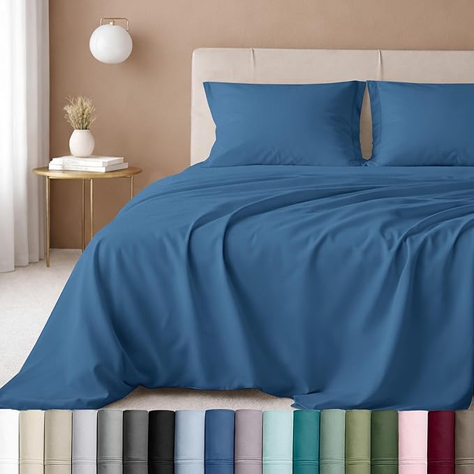 California Design Den Natural 100% Cotton Bed Sheets Queen Size Set - Luxury 600 Thread Count Sateen, Durable Hotel Quality Fully Elasticized Deep Pocket Bedsheets Queen Size Bed - Parisian Blue