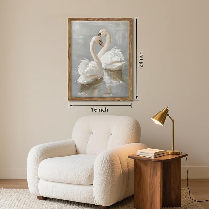 Framed White Swan Canvas Wall Art – Vintage Romantic Swan Oil Painting, Simple Rustic Animal Art Prints, Classical Artwork Wall Decor for Living Room Bedroom Office – 16x24in