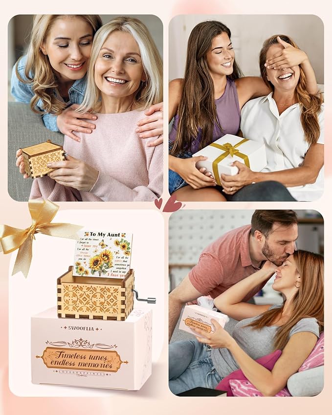 Swooflia Mother's Day Wooden Music Box for Aunt - Hand Crank Engraved Musical Box Vintage Mechanism Personalized Gifts for Mom Daughter Niece Granddaughter Grandma Friend Jesus On Birthday