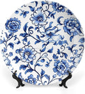 Blue Ceramic Decorative Plate, Floral Design Decorative Dish with Stand, Chinese Style Bone China Decorative Plates Art Porcelain Plate for Living Room Hallway Table Decor