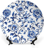Blue Ceramic Decorative Plate, Floral Design Decorative Dish with Stand, Chinese Style Bone China Decorative Plates Art Porcelain Plate for Living Room Hallway Table Decor