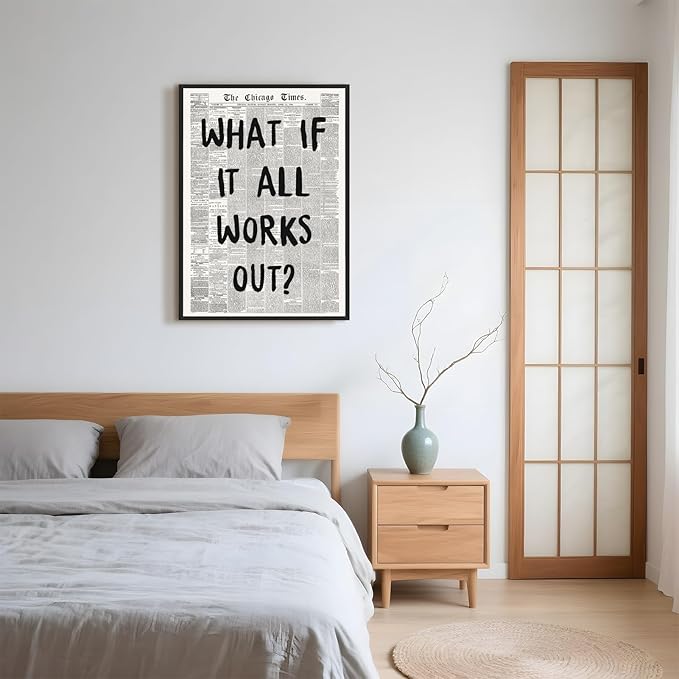 Framed What If It All Works Out Wall Art Black and White Retro Newspaper Poster Positive Motivational Canvas Print Painting Inspirational Quote Picture Wall Decor for Office Home Bedroom 16x24inch