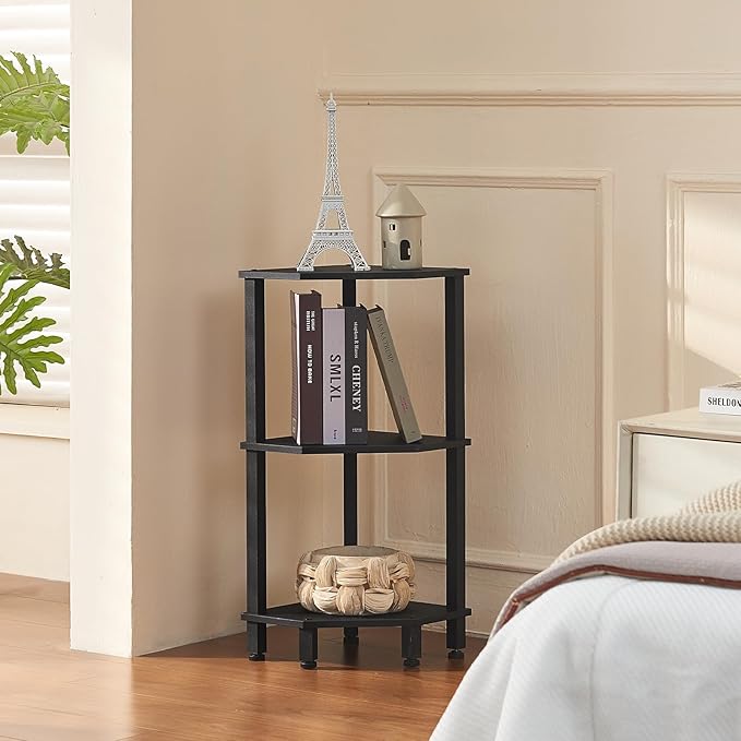 YUFAM 3-Tier Corner Shelf with Sturdy 5-Leg Base, Wooden Corner Bookshelf for Small Spaces, Small Corner Table for Living Room, Bedroom, Office, Black
