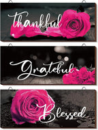 Hillban 3 Pieces Rose Wooden Wall Decor Rose Bathroom Decor Thankful Grateful Blessed Accessories Inspirational Wall Art Signs for Living Room Kitchen Wedding(10 x 4 Inch,Dark Pink)